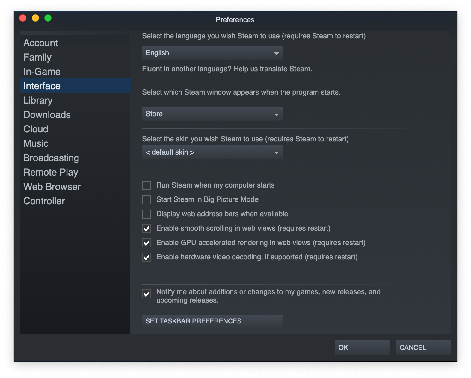 Steam macOS app Preferences > Interface pane